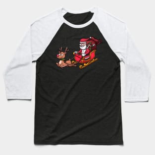 Cartoon Santa Claus And Elf Riding Sleigh With Reindeer Baseball T-Shirt